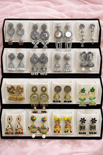 Colourful 16 Pair Silver Jewellery Jhumka Box