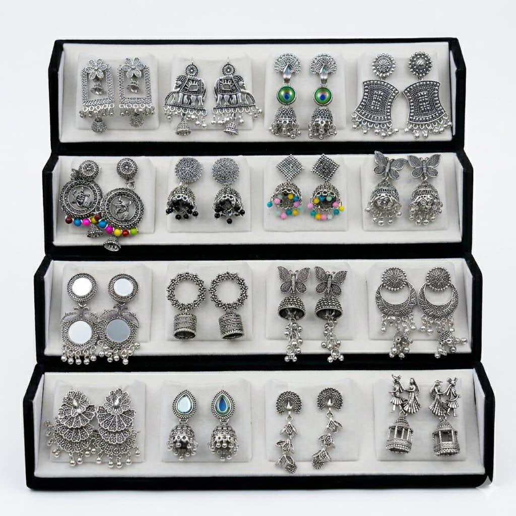 Colourful 16 Pair Silver Jewellery Jhumka Box