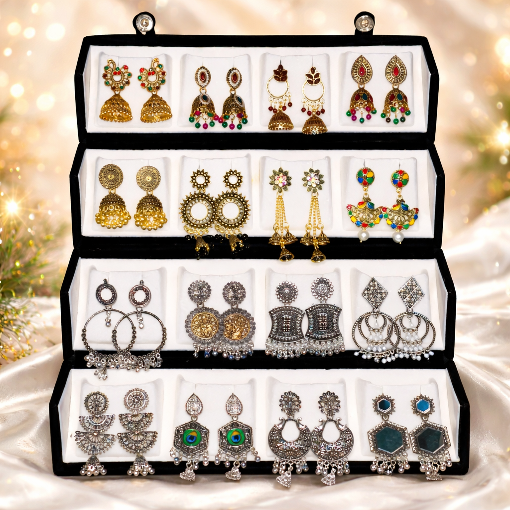 Colourful 16 Pair Silver Jewellery Jhumka Box