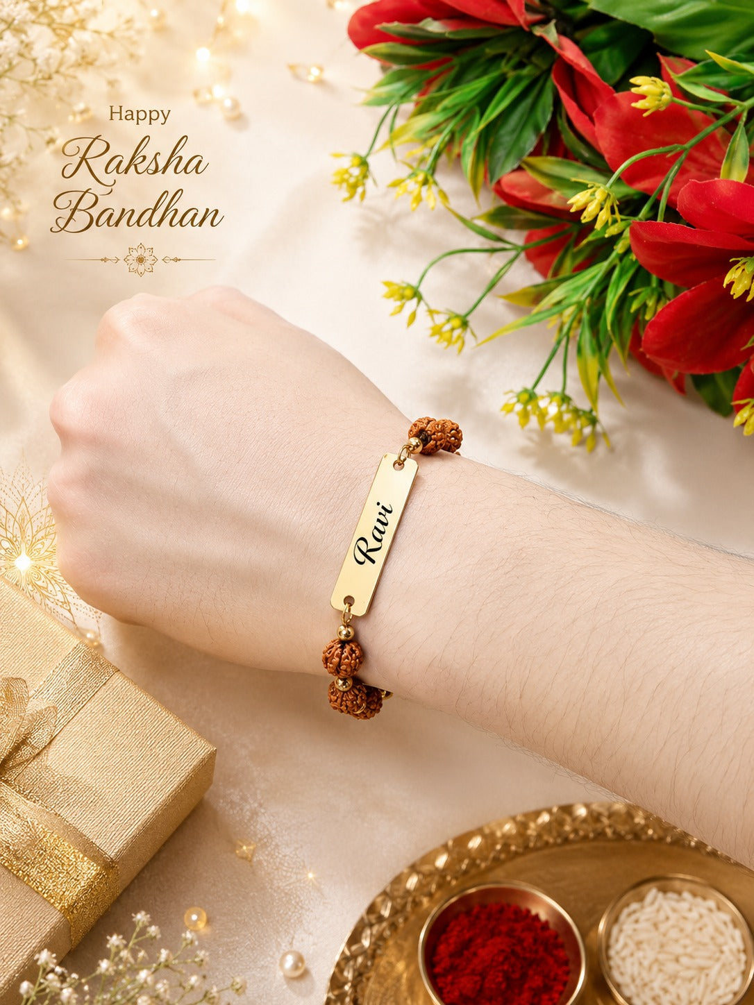 Personalized Rudraksha Rakhi with Name Plate