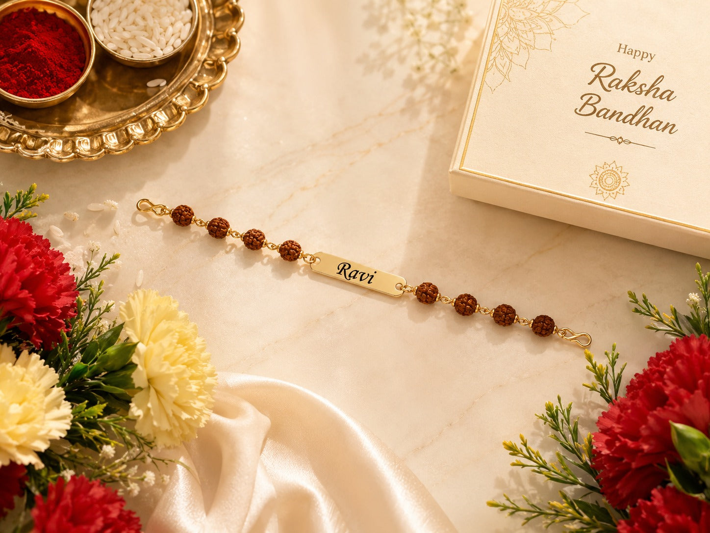 Personalized Rudraksha Rakhi with Name Plate
