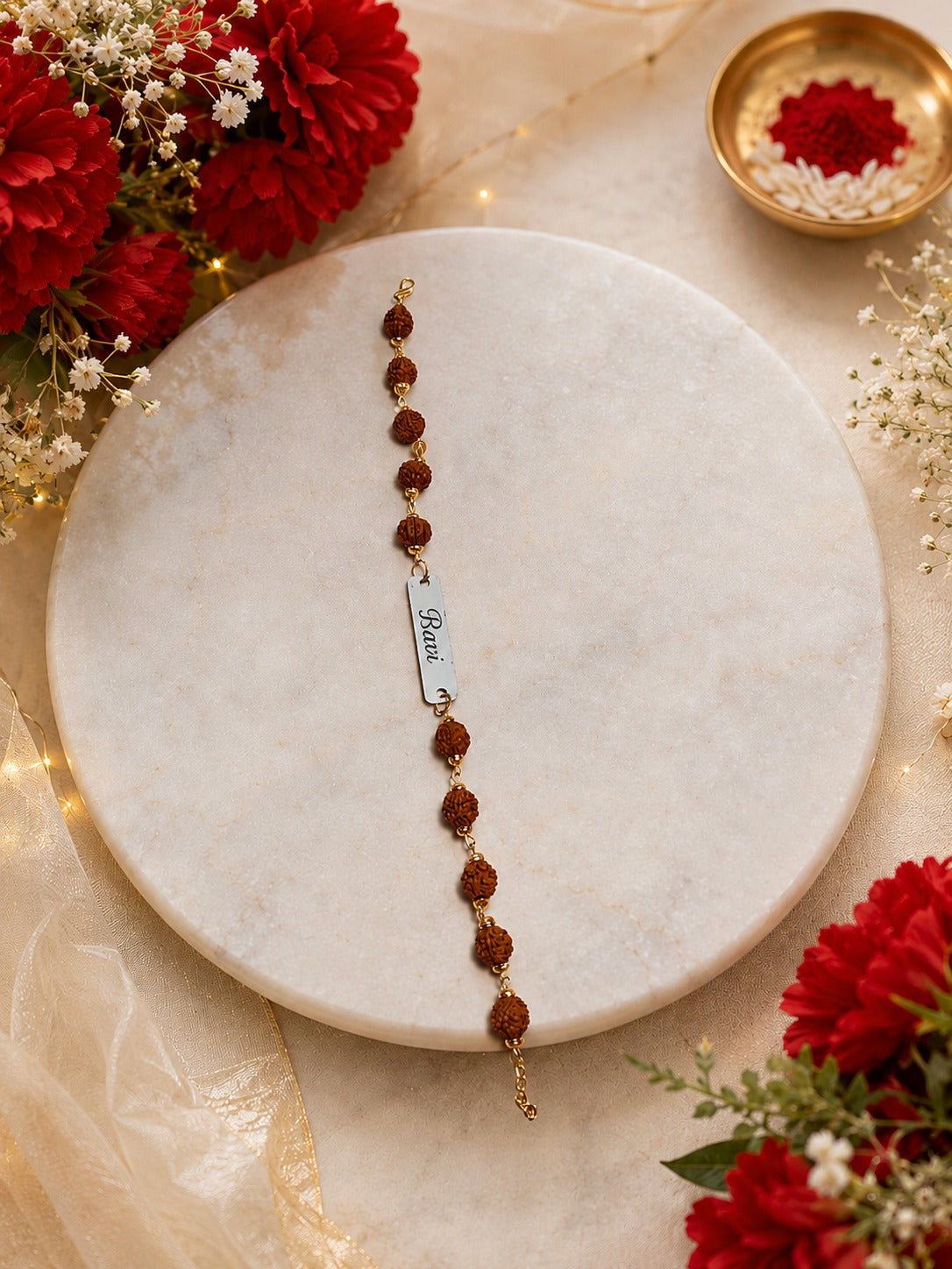 Personalized Rudraksha Rakhi with Name Plate